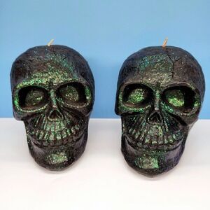 Halloween Skull Candles • Glitter Skull Candle Set • Green • 4.75" •‎ Unused 🕯